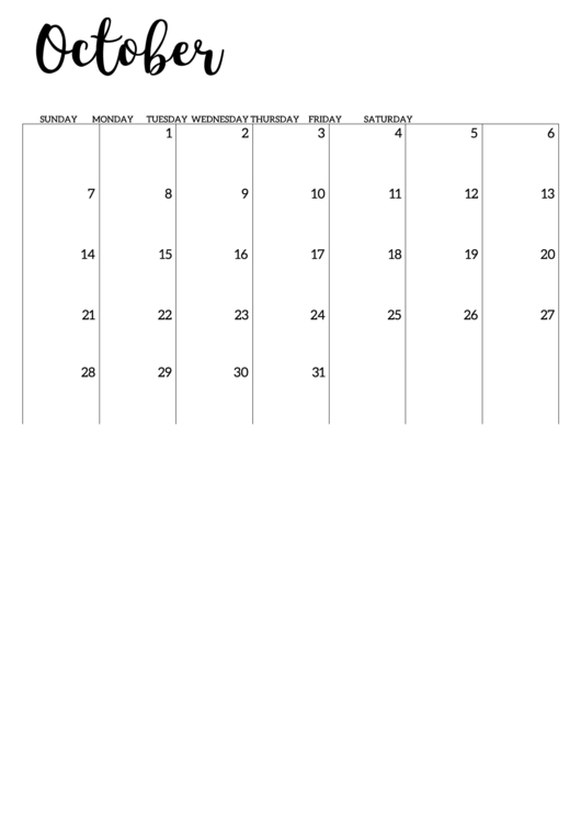 October 2018 Calendar Template Printable pdf