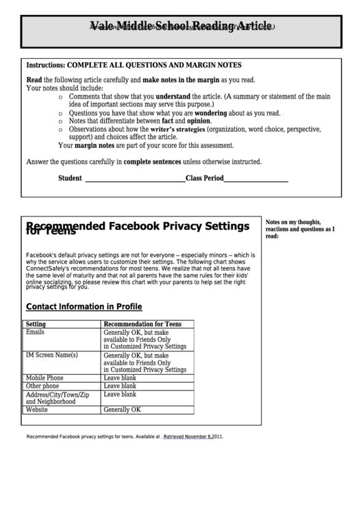 Recommended Facebook Privacy Settings For Teens Computer Science Worksheet Printable pdf