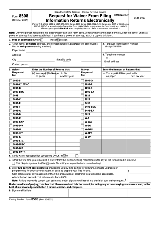 Fillable Form 8508 - Request For Waiver From Filing Information Returns Electronically Printable pdf