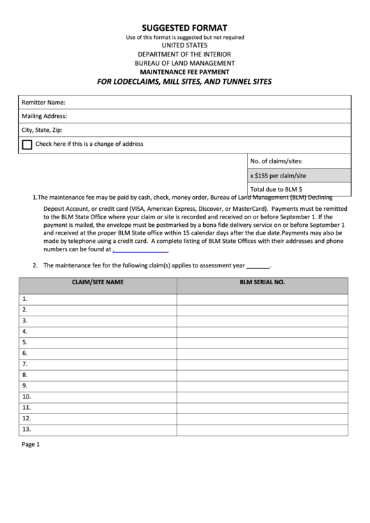 Maintenance Fee Payment For Lode Claims, Mill Sites, And Tunnel Sites Form Printable pdf