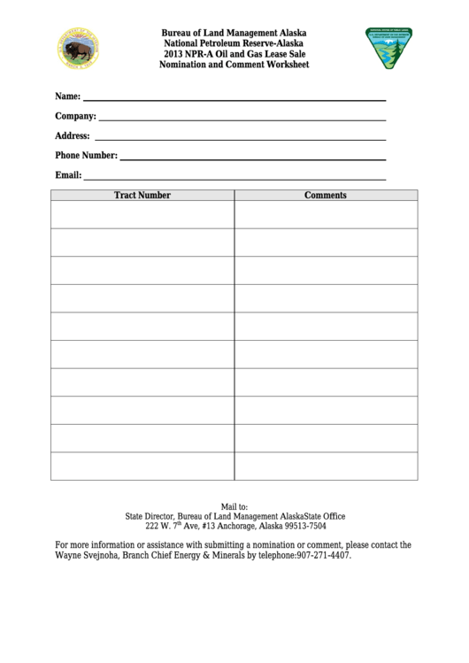 Nomination And Comment Worksheet - Npr-A Oil And Gas Lease Sale - 2013 Printable pdf