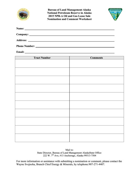 Nomination And Comment Worksheet - Npr-A Oil And Gas Lease Sale - 2015 Printable pdf