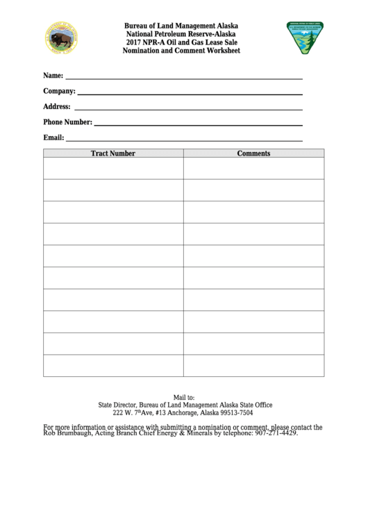Nomination And Comment Worksheet - Npr-A Oil And Gas Lease Sale - 2017 Printable pdf