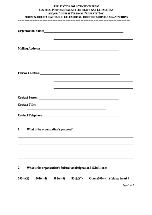 Application For Exemption From Business, Professional And Occupational License Tax And/or Business Personal Property Tax For Non-Profit Charitable, Educational, Or Recreational Organizations Printable pdf