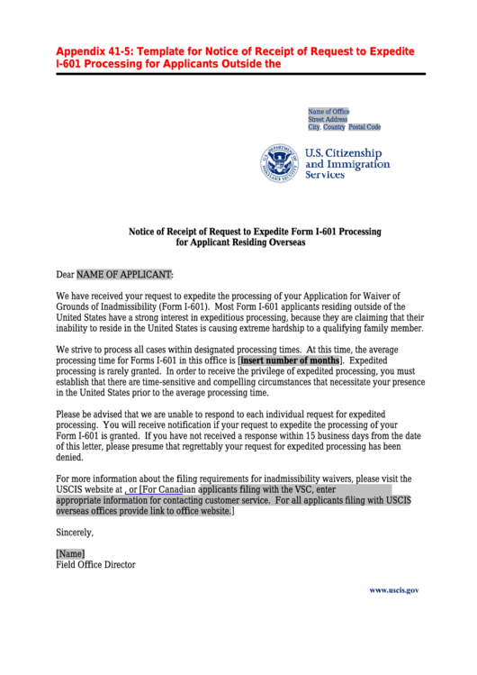 Sample Notice Of Receipt Of Request To Expedite Form I-601 Processing For Applicant Residing Overseas