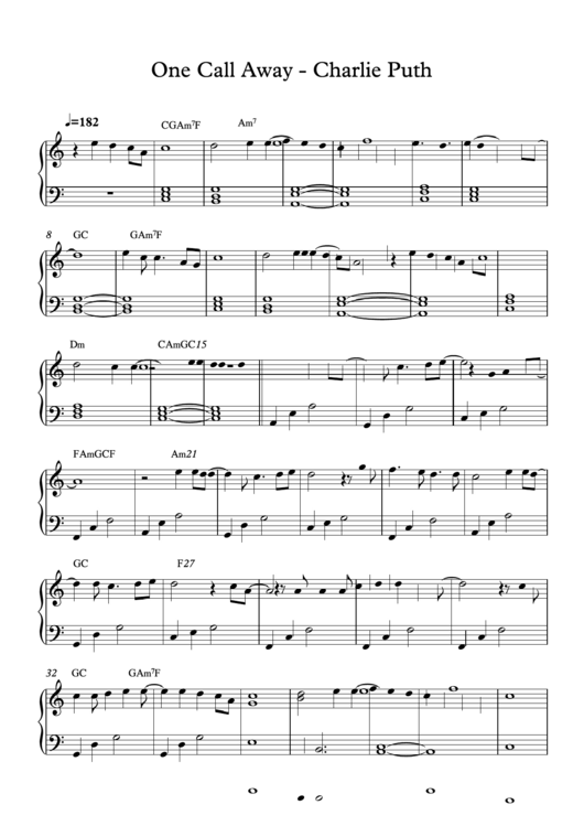 One Call Away By Charlie Puth - Piano Sheet Music Printable pdf