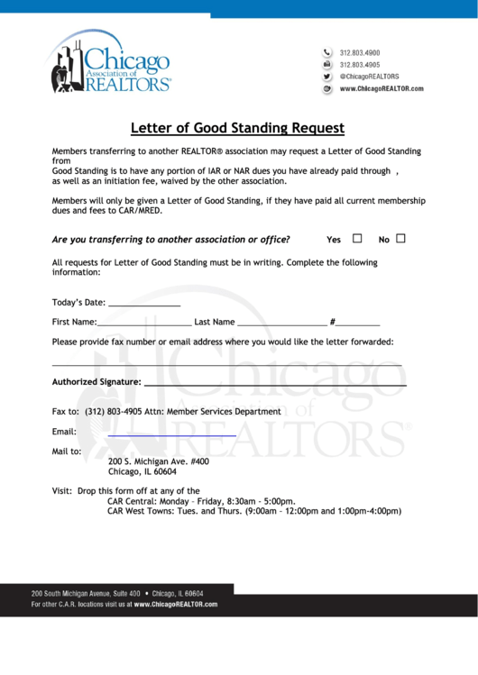 Letter Of Good Standing Request Printable pdf