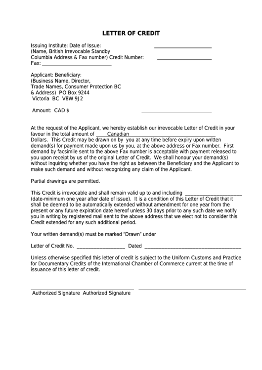 Letter Of Credit Sample Printable pdf