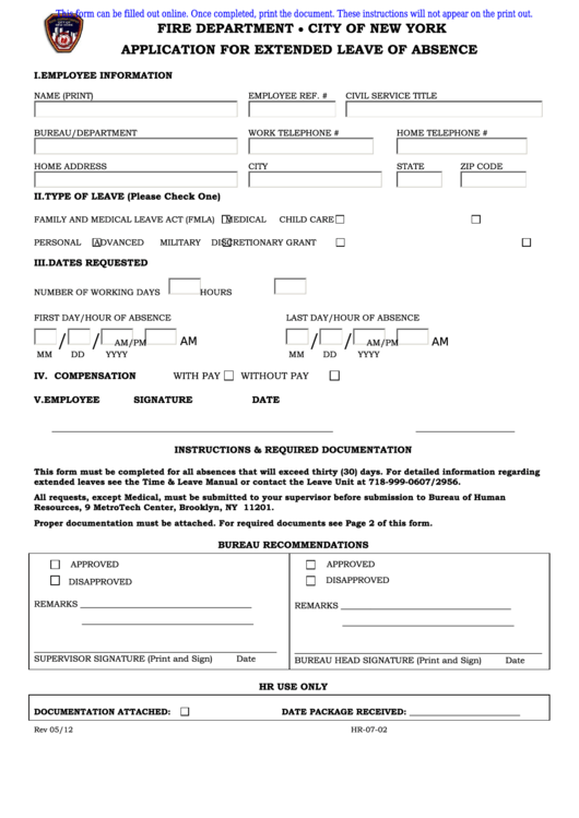 Fillable Application For Extended Leave Of Absence Printable pdf