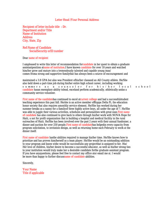 Graduate School Letter Of Recommendation Template - Sample