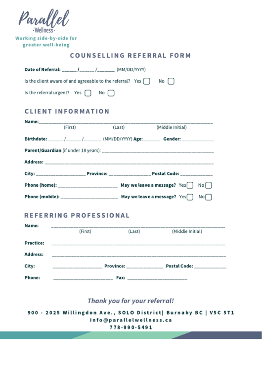 Counselling Referral Form Template Printable pdf