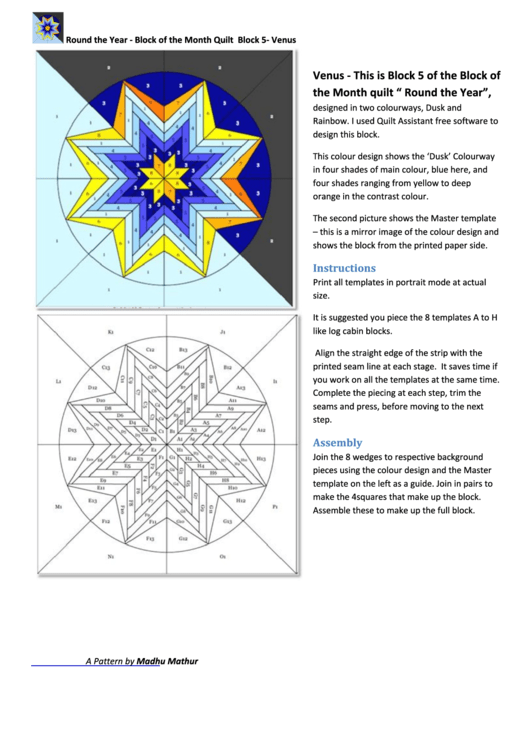 Round The Year - Block Of The Month Quilt - Venus Sewing Template And Instructions