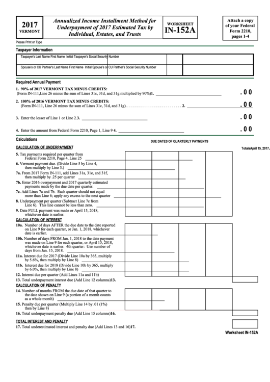 Form 2210 - Worksheet In-152a - Annualized Income Installment Method For Underpayment Of 2017 Estimated Tax By Individual, Estates, And Trusts - 2017 Printable pdf