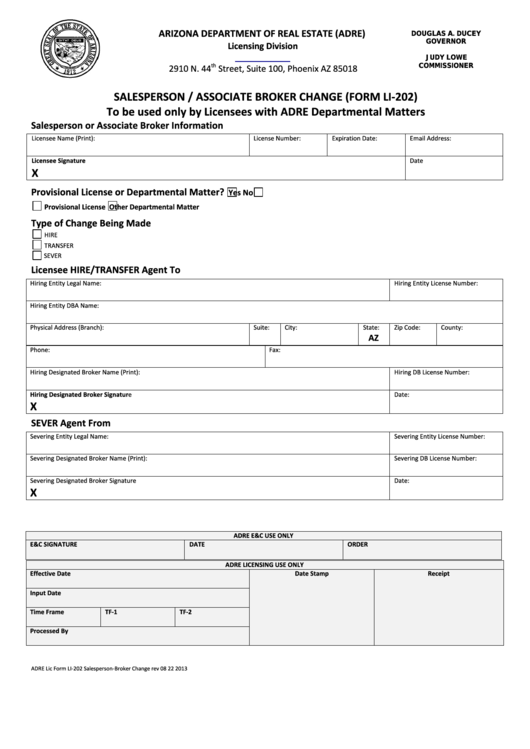 Fillable Form Li-202 - Salesperson/associate Broker Change Form Printable pdf