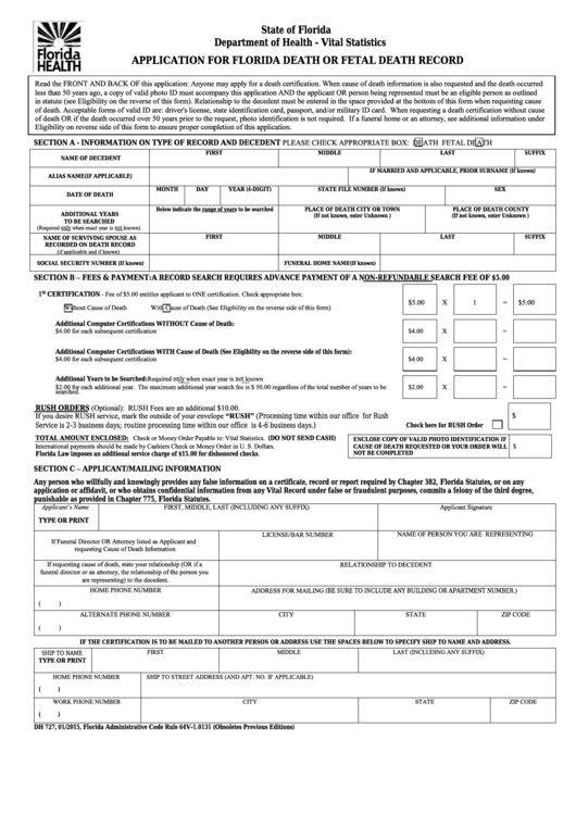 Fillable Form Dh 727 - Application For Florida Death Or Fetal Death Record Printable pdf