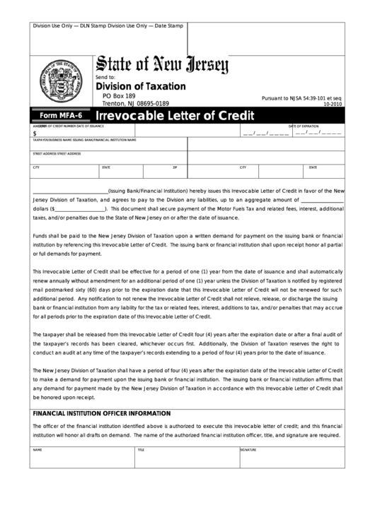 Fillable Form Mfa-6 - Irrevocable Letter Of Credit Printable pdf