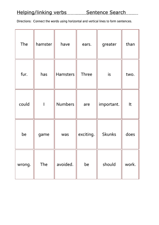 Helping/linking Verbs - Sentence Search Worksheet Printable pdf