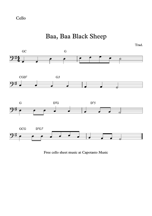 Baa, Baa Blacksheep Cello Sheet Music Printable pdf