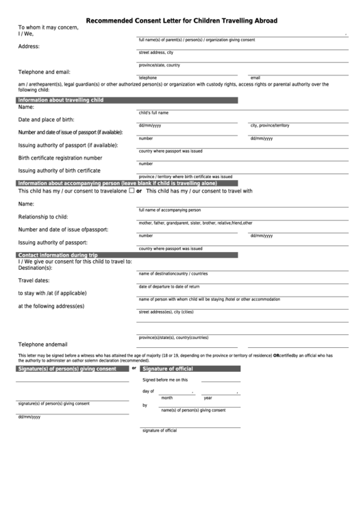 Recommended Consent Letter For Children Travelling Abroad Printable pdf