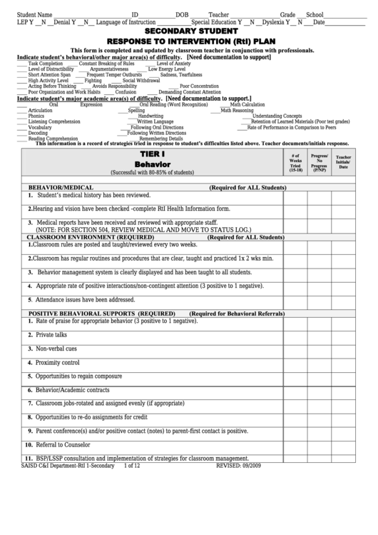Secondary Student Response To Intervention (Rti) Plan Form printable