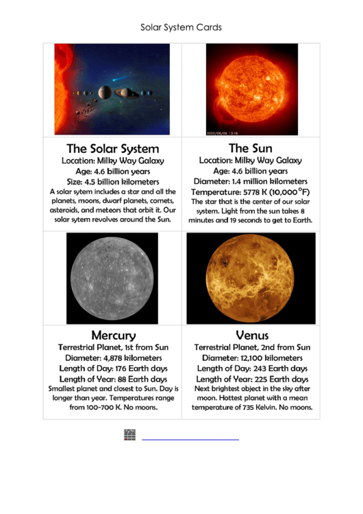 Solar System Cards Template Printable pdf