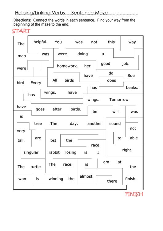 Helping/linking Verbs - Sentence Maze Template Printable pdf