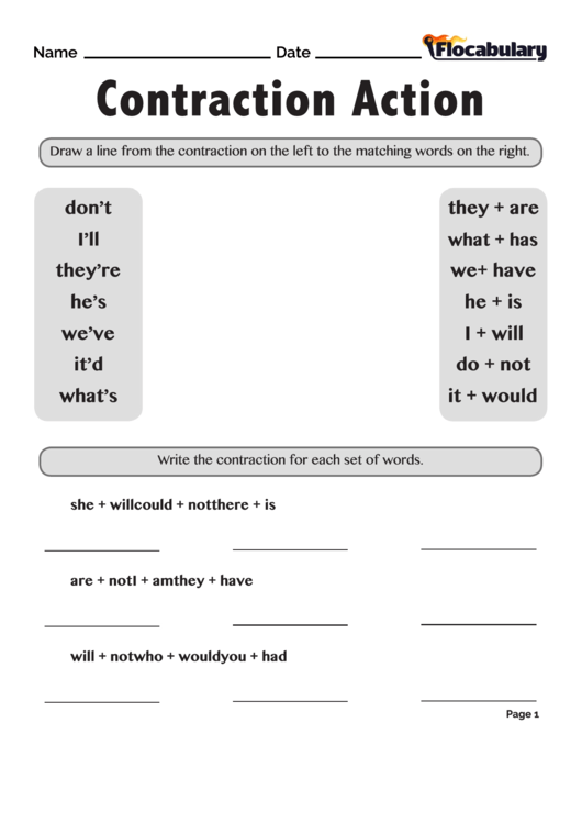 Contraction Action Worksheet Printable pdf