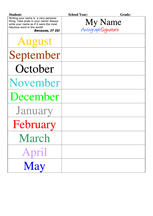 Monthly Writing Your Name Worksheet - Color Printable pdf