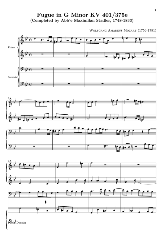Wolfgang Amadeus Mozart - Fugue In G Minor Kv 401/375e Sheet Music Printable pdf