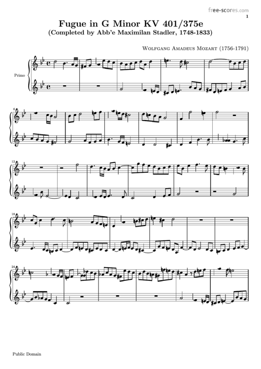 Wolfgang Amadeus Mozart - Fugue In G Minor Kv 401/375e Sheet Music Printable pdf