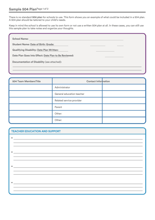 Fillable Sample 504 Plan Template printable pdf download