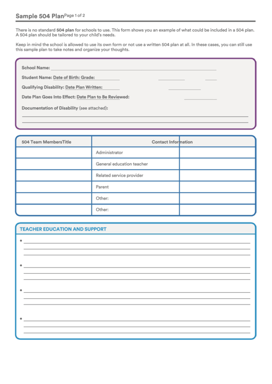 Fillable Sample 504 Plan Template Printable Pdf Download