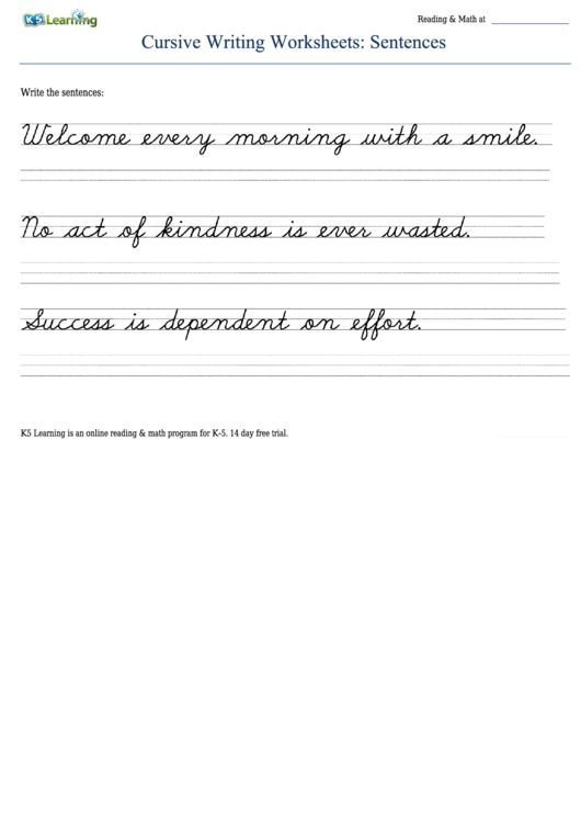 Sentences Cursive Writing Worksheet Printable pdf