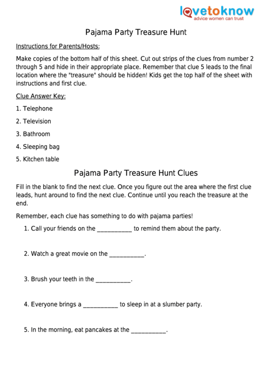 Pajama Party Treasure Hunt Clues Sheet Printable pdf