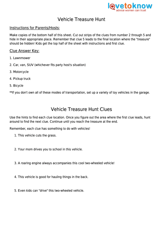 Vehicle Treasure Hunt Clues Sheet Printable pdf