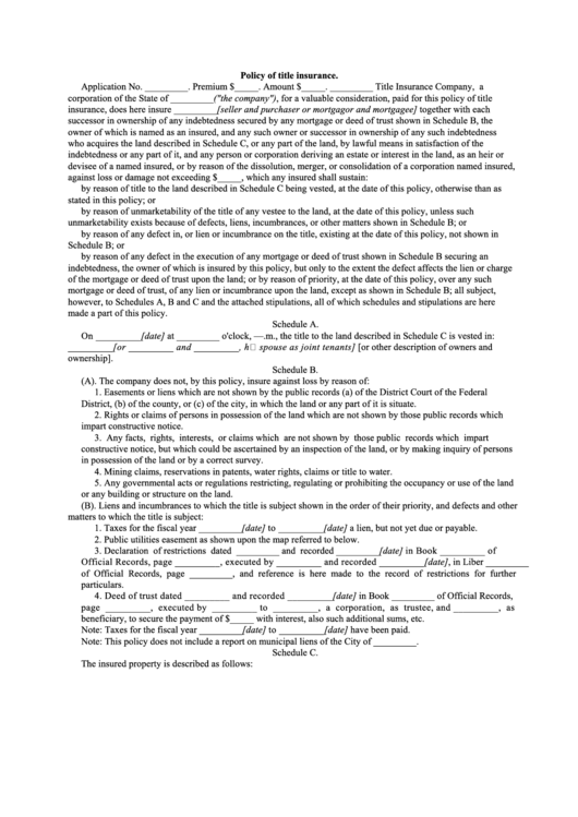 Policy Of Title Insurance Template Printable pdf
