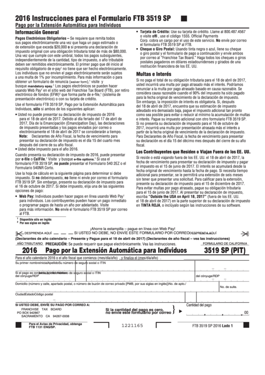 Fillable Form 3519 - Pago Por La Extension Automatica Para Individuos - 2016 Printable pdf