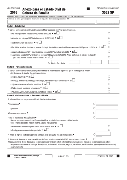 Fillable Form 3532 - Anexo Para El Estado Civil De Cabeza De Familia - 2016 Printable pdf