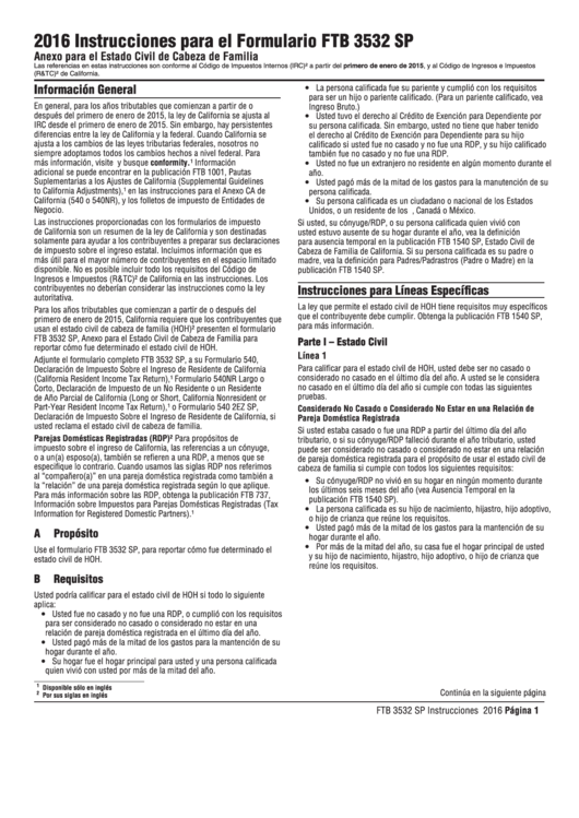 Instrucciones Para El Formulario Ftb 3532 - Anexo Para El Estado Civil De Cabeza De Familia - 2016 Printable pdf