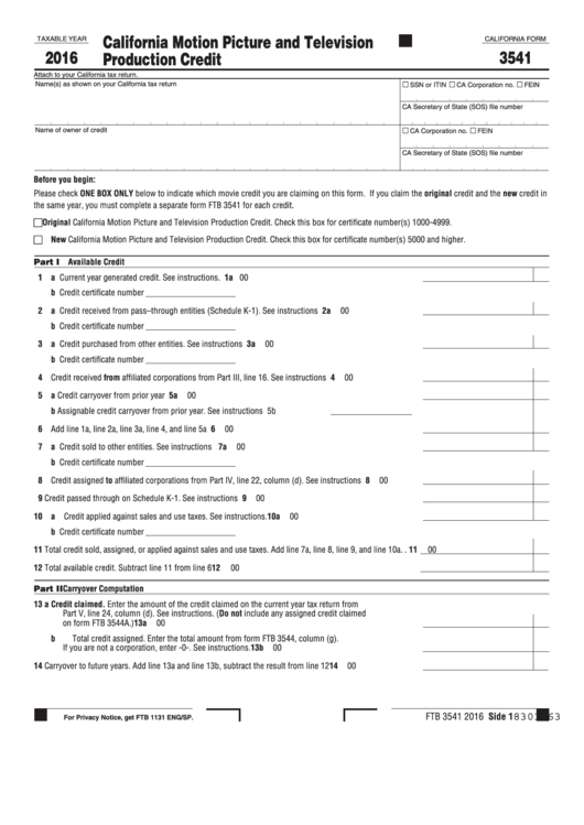 Fillable California Form 3541 - California Motion Picture And Television Production Credit - 2016 Printable pdf