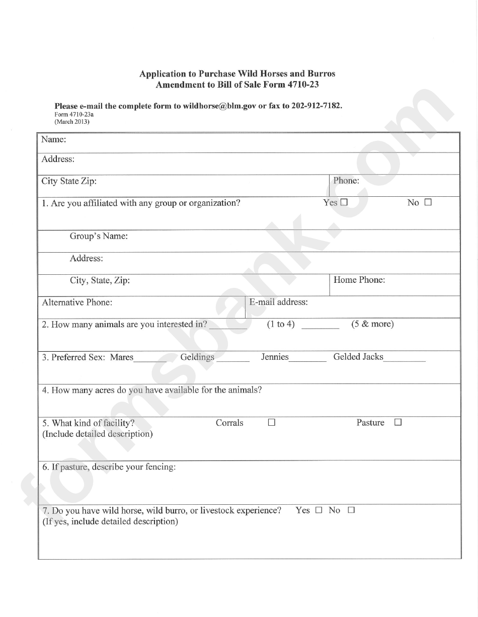 Form 4710-23a - Application To Purchase Wild Horses And Burros Amendment To Bill Of Sale Form 4710-23