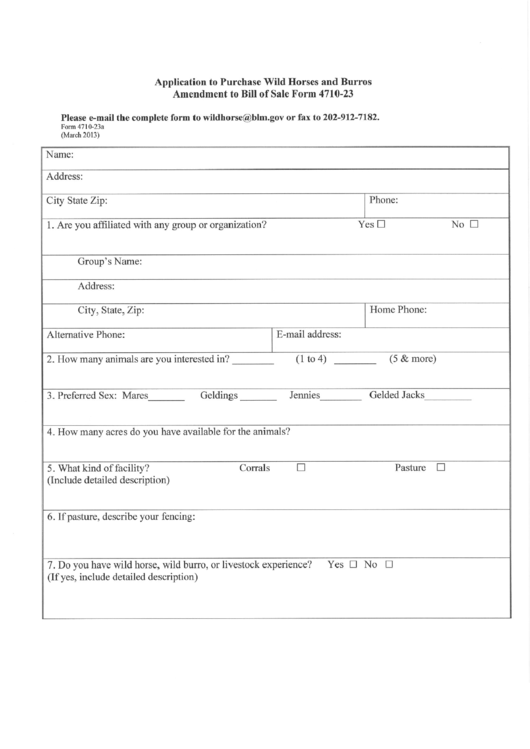Form 4710-23a - Application To Purchase Wild Horses And Burros Amendment To Bill Of Sale Form 4710-23 Printable pdf