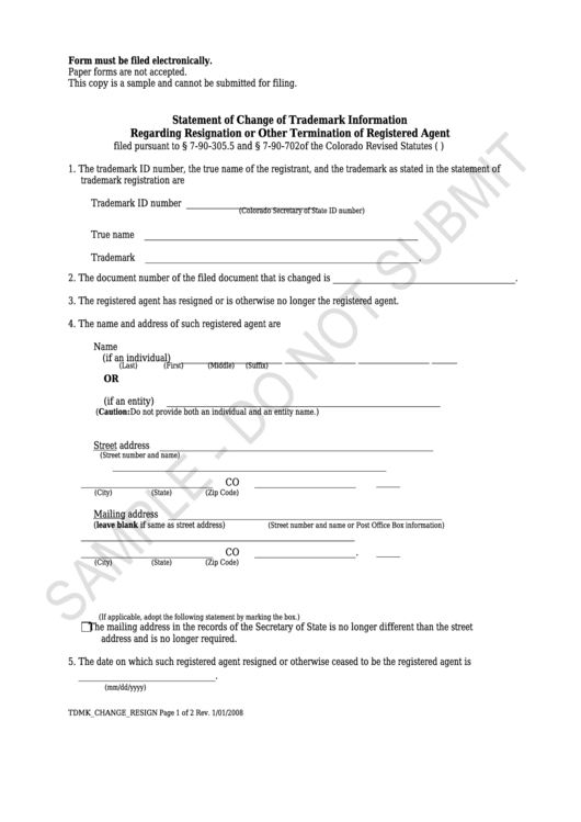 Statement Of Change Of Trademark Information Regarding Resignation Or Other Termination Of Registered Agent - Colorado Secretary Of State Printable pdf