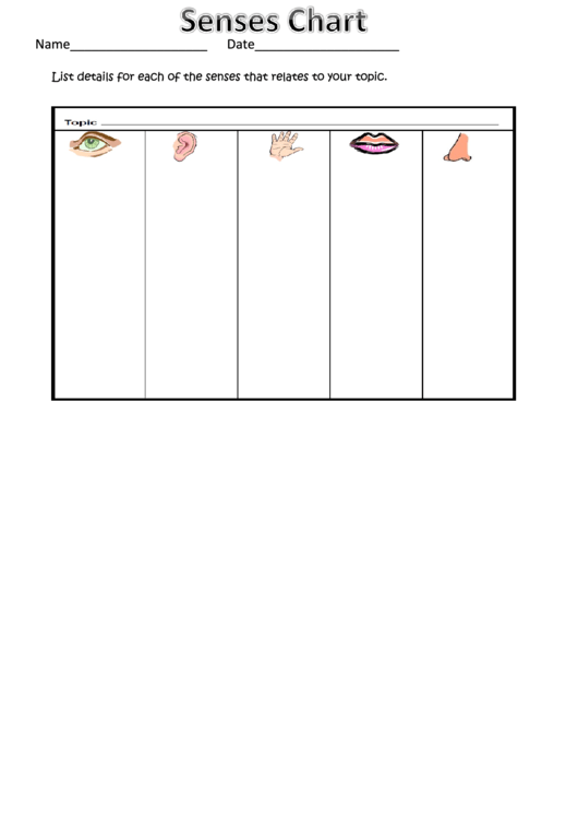 Senses Chart Worksheet Template Printable pdf