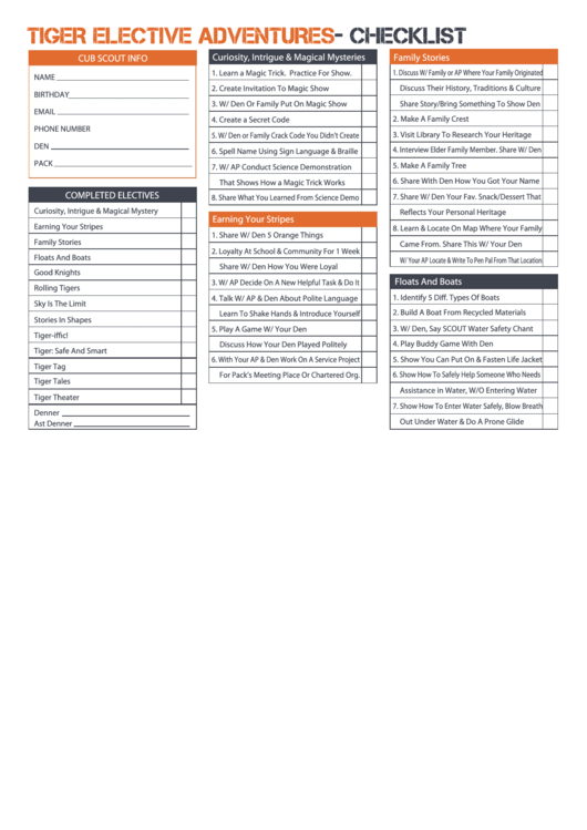 Tiger Elective Adventures Checklist Template Printable pdf