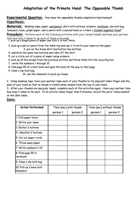 Adaptation Of The Primate Hand Kids Activity Plan Template - The Opposable Thumb Printable pdf