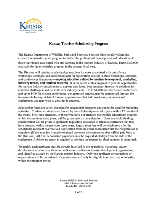 Kansas Tourism Scholarship Program - Department Of Wildlife, Parks And Tourism Printable pdf