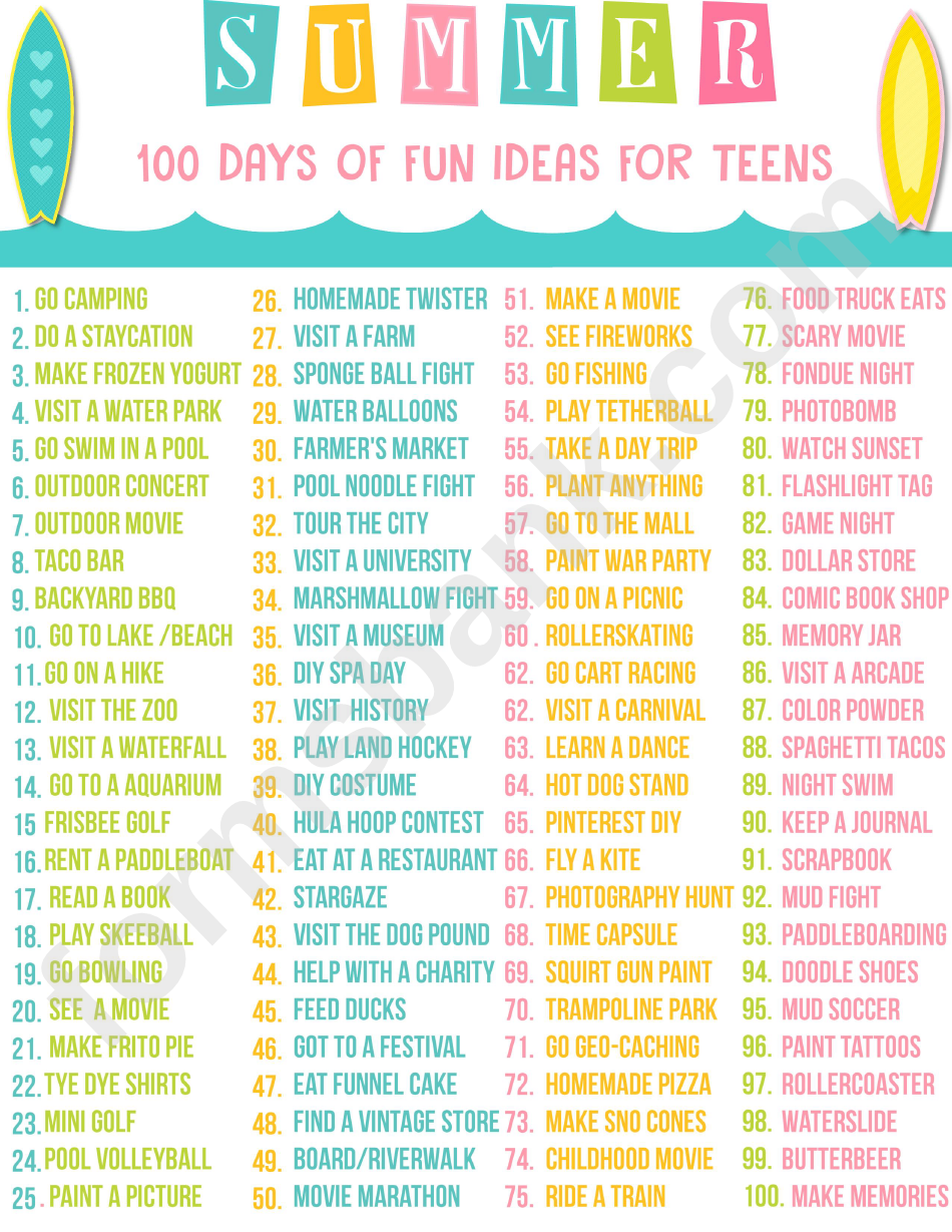 Summer 100 Days Of Fun Ideas For Teens Chart