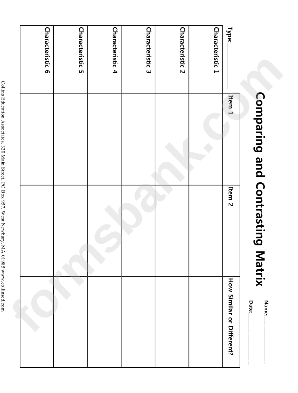 Compare & Contrast Matrix Sheet - 2 Items X 6 Characteristics