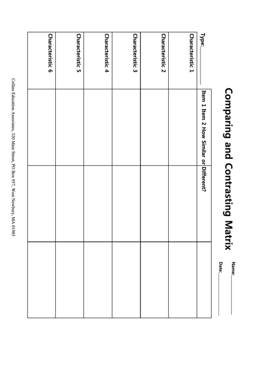 Compare & Contrast Matrix Sheet - 2 Items X 6 Characteristics Printable pdf